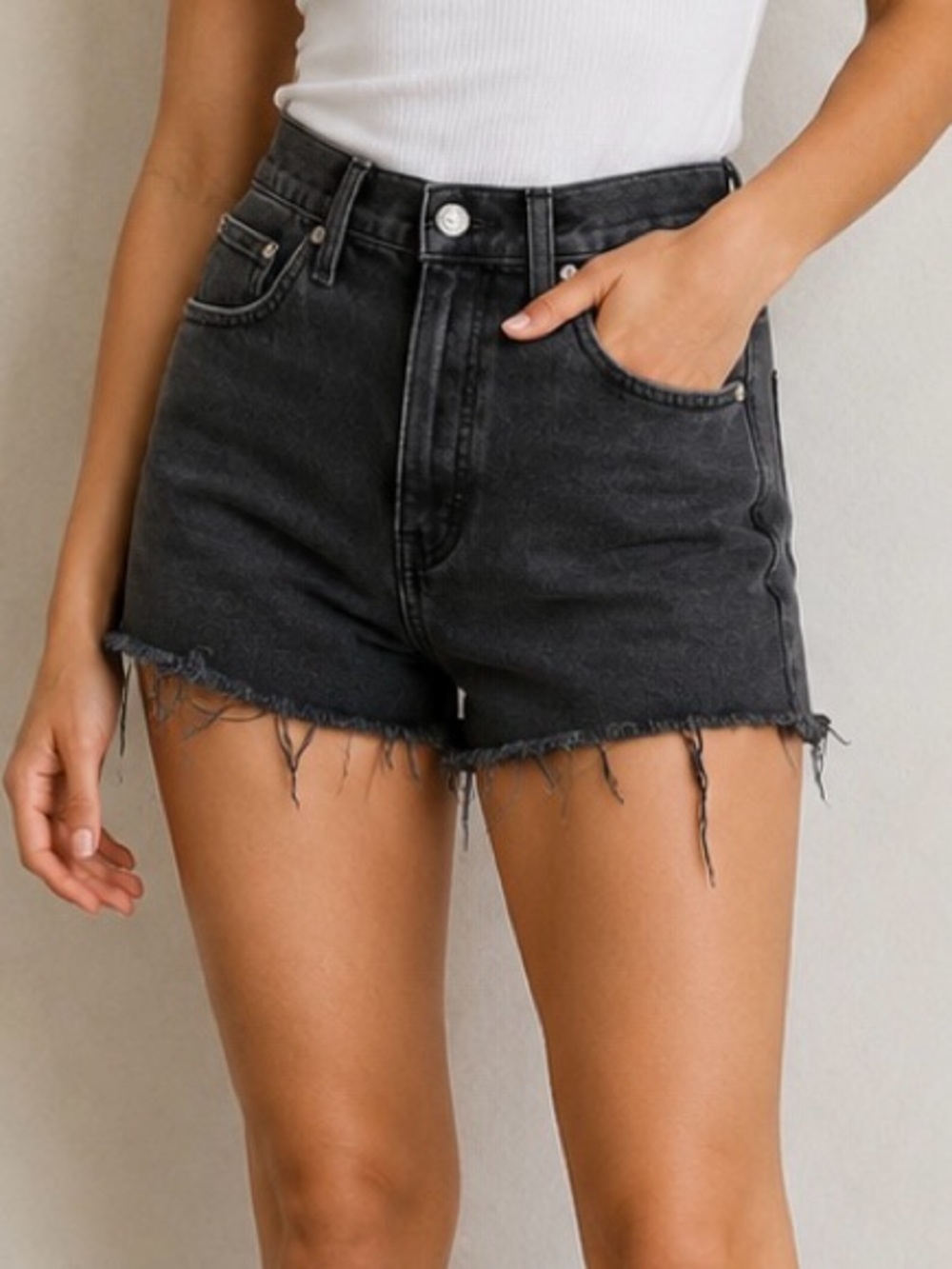 Madewell high rise black denim shorts women’s size 27 raw hem distressed cutoffs